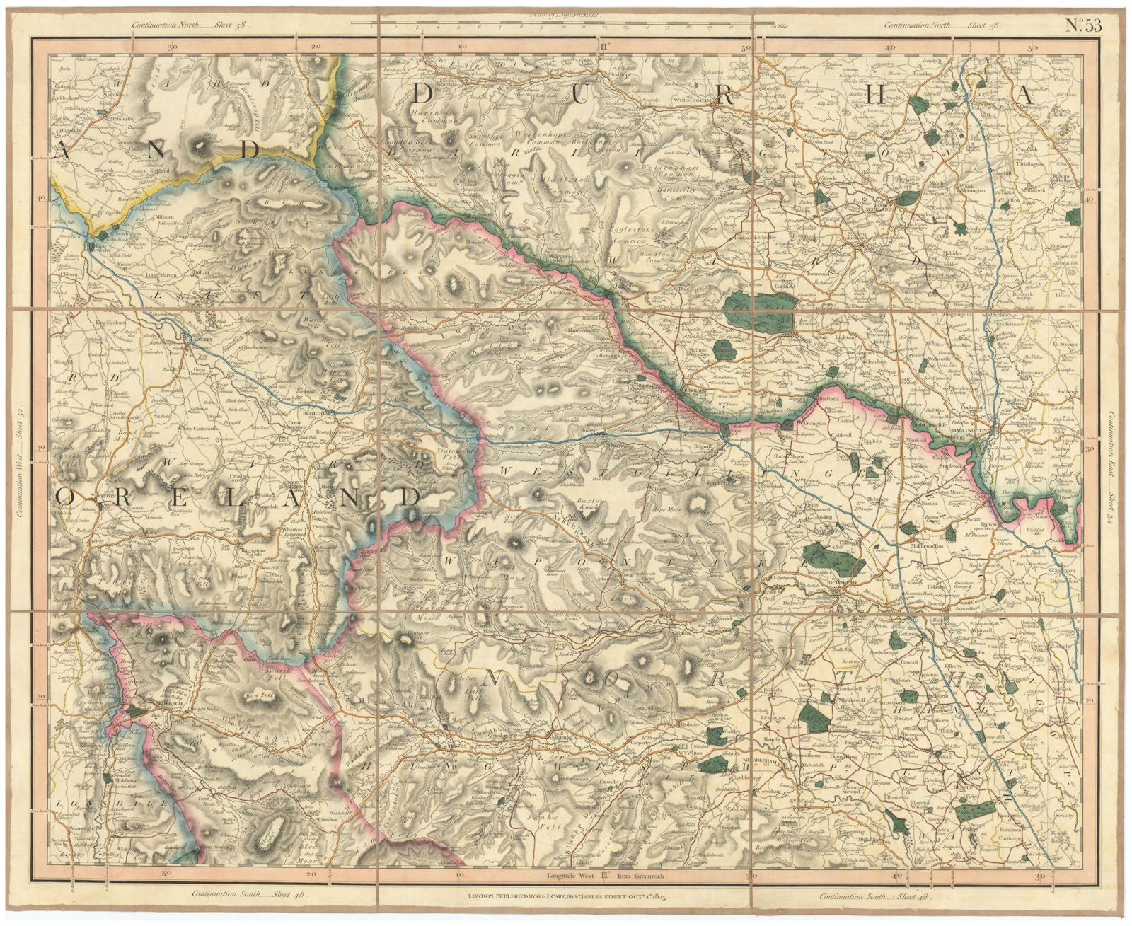 YORKSHIRE DALES, North Riding. Westmoreland, SE Durham. Richmond. CARY 1832 map